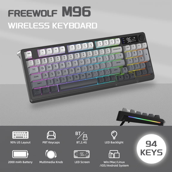 FREEWOLF M96 Wireless Gaming Keyboard Creamy Membrane with Rainbow Backlight,Media Knob,LCD Screen,Dual Mode-Bluetooth/2.4Ghz,Ball Shape PBT Keycap 94 Key...