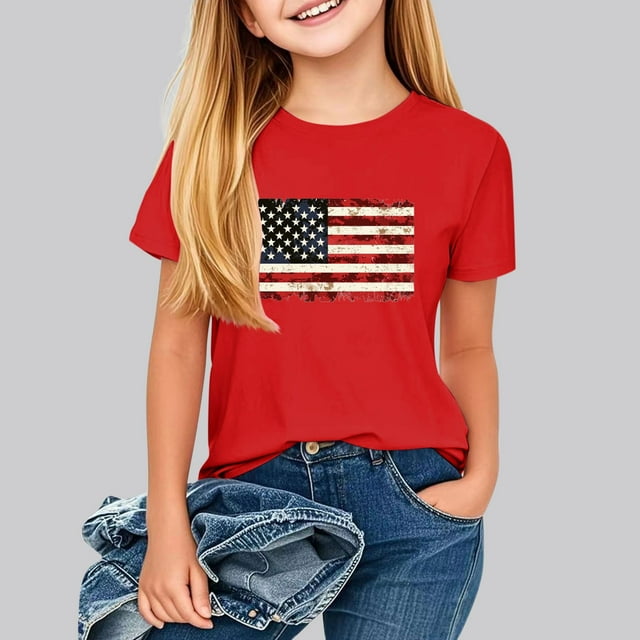 hengsof T-Shirt Imprimé à Thème Patriotique pour Filles, Manches Courtes, Col Rond, Ample et Confortable, Adapté aux Enfants de 2 à 13 Ans