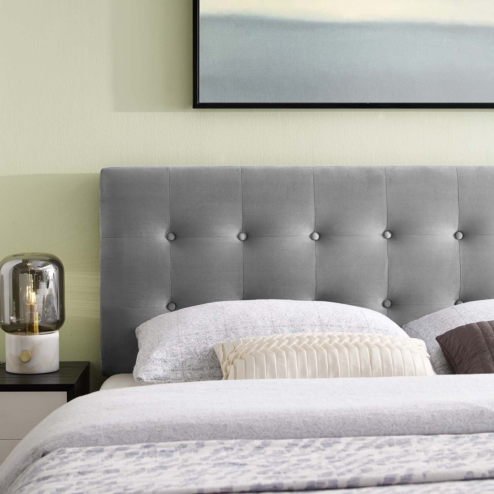 Contemporary Modern Urban Designer Bedroom King Size Tufted Headboard, Velvet Fabric, Grey Gray
