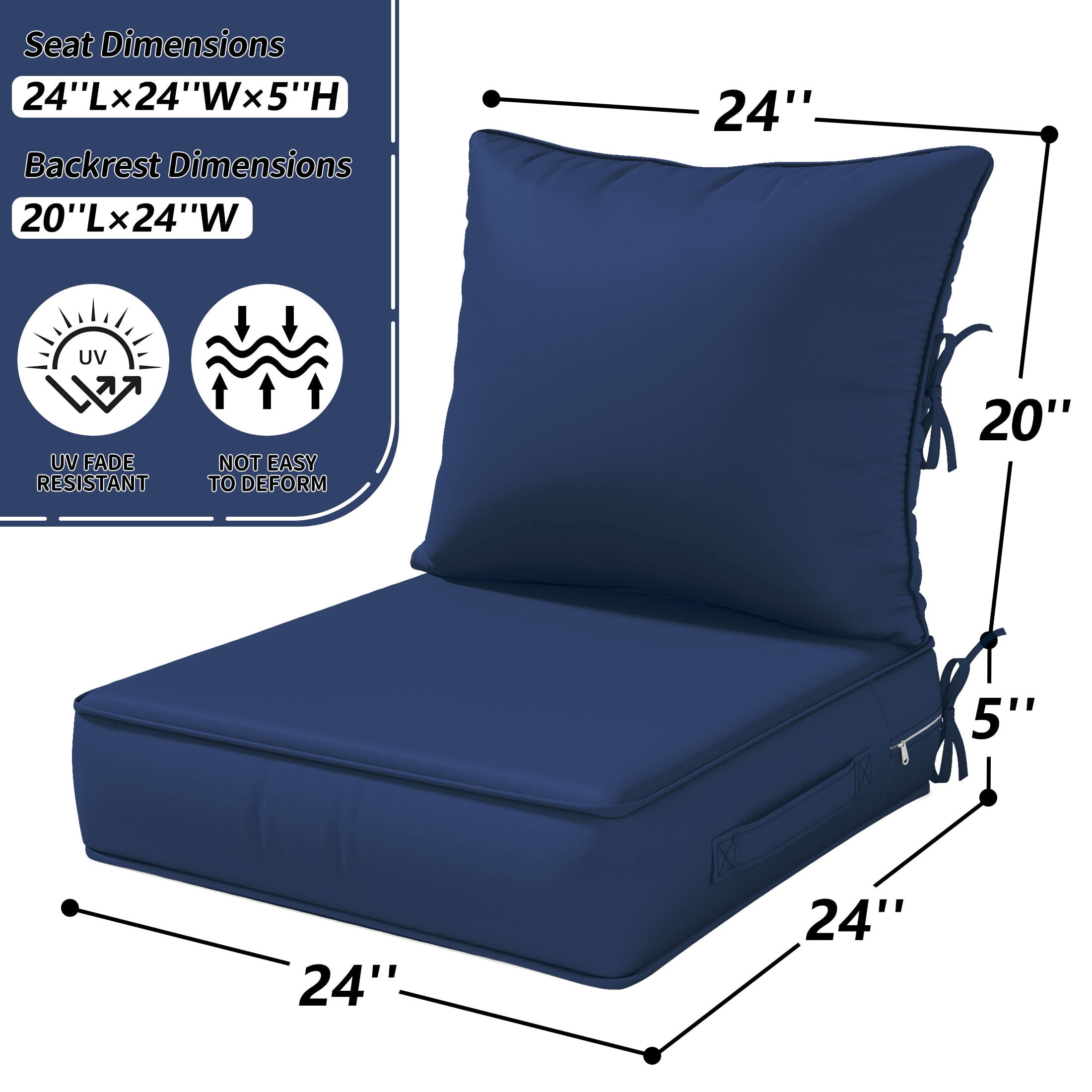 Kimunuk Outdoor Deep Seat Cushion Set for Patio Furniture, Splash-Proof & Fade Resistant, 24" L X 24" W X 5" H, Blue
