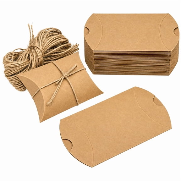 40 Pieces of Mini Foldable Kraft Paper Pillow Gift Boxes with Natural Jute Rope Rustic Style Packaging Boxes for Jewelry Candy Soap Wedding Birthday Party Favor Gift Wrapping Supplies