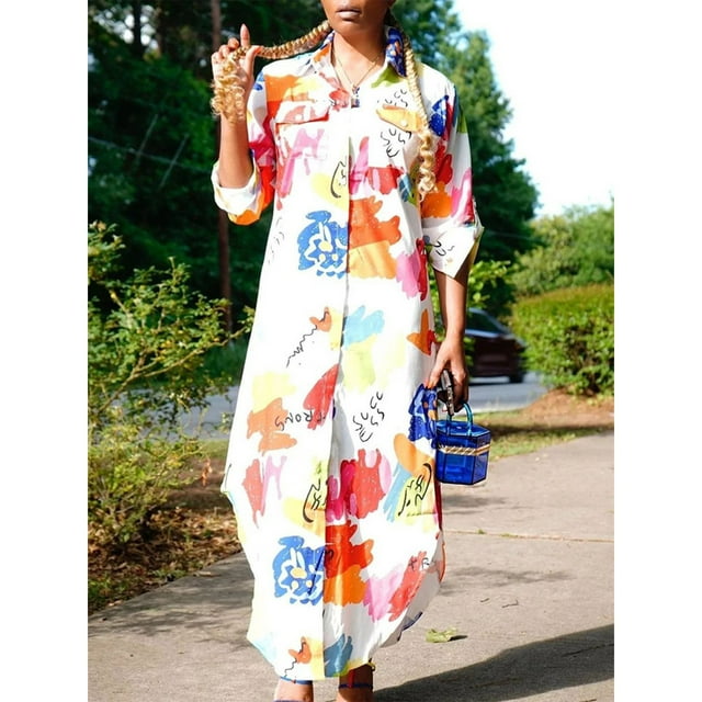 Tralilbee Nouvelle Robe Blouse Style Manches Longues Décontractée Mode Manches Imprimé Robe de Fête pour Dames Bouton Tenue d'Intérieur Col à Revers Mode Urbaine Fête d'Anniversaire
