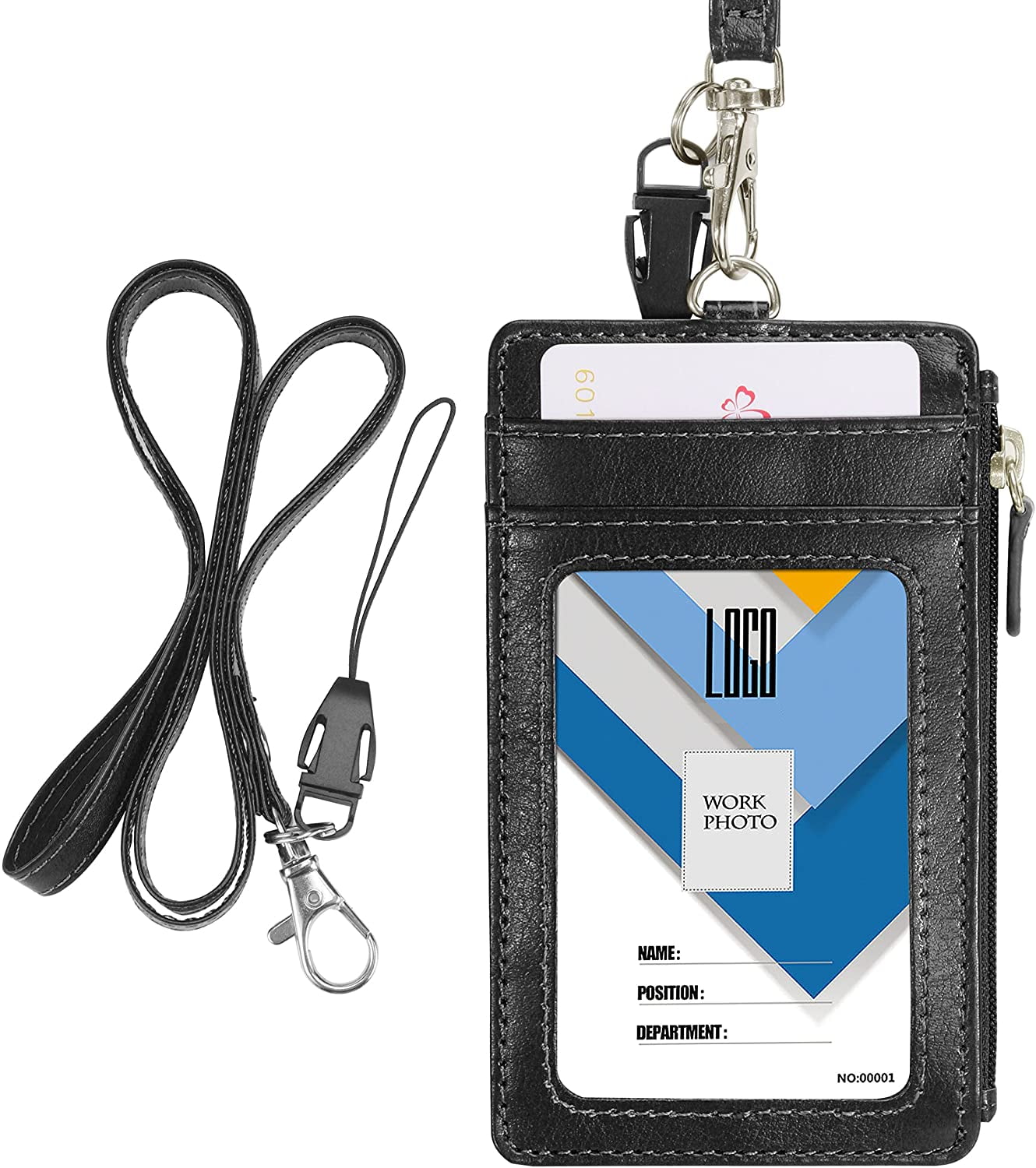 Badge Holder with Zipper and Lanyard, Wisdompro 2-Sided PU Leather ID