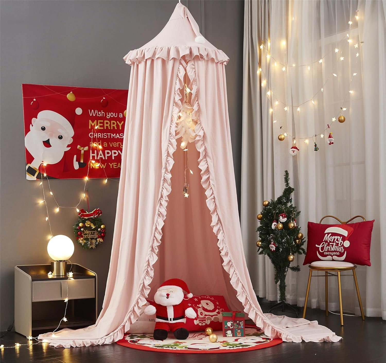 Bed Canopy for Girls,Princess Round Dome Dreamy Mosquito Net Bedding Girls Room Castle Play Tent Hanging House Decor Reading Nook Canopies (Beige Pink)