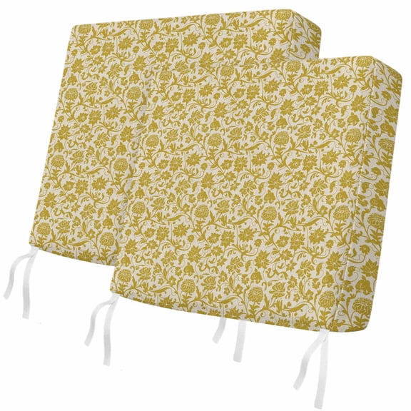 Outdoor Patio Cushion Covers 2 Pack Vintage Floral Chair Pads Slipcovers with Ties & Zipper Waterproof Seat Cover Set Bohemian Yellow Flowers Seat Cushion Covers for Outdoor Couch Sofa 22x20 Inch