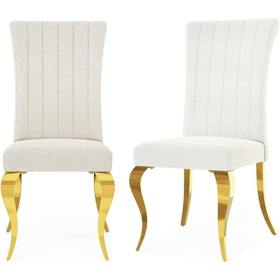 Unbranded Luxurious White Boucle Dining Chairs with Mirrored Cabriole Legs Set of 2 - Gold
