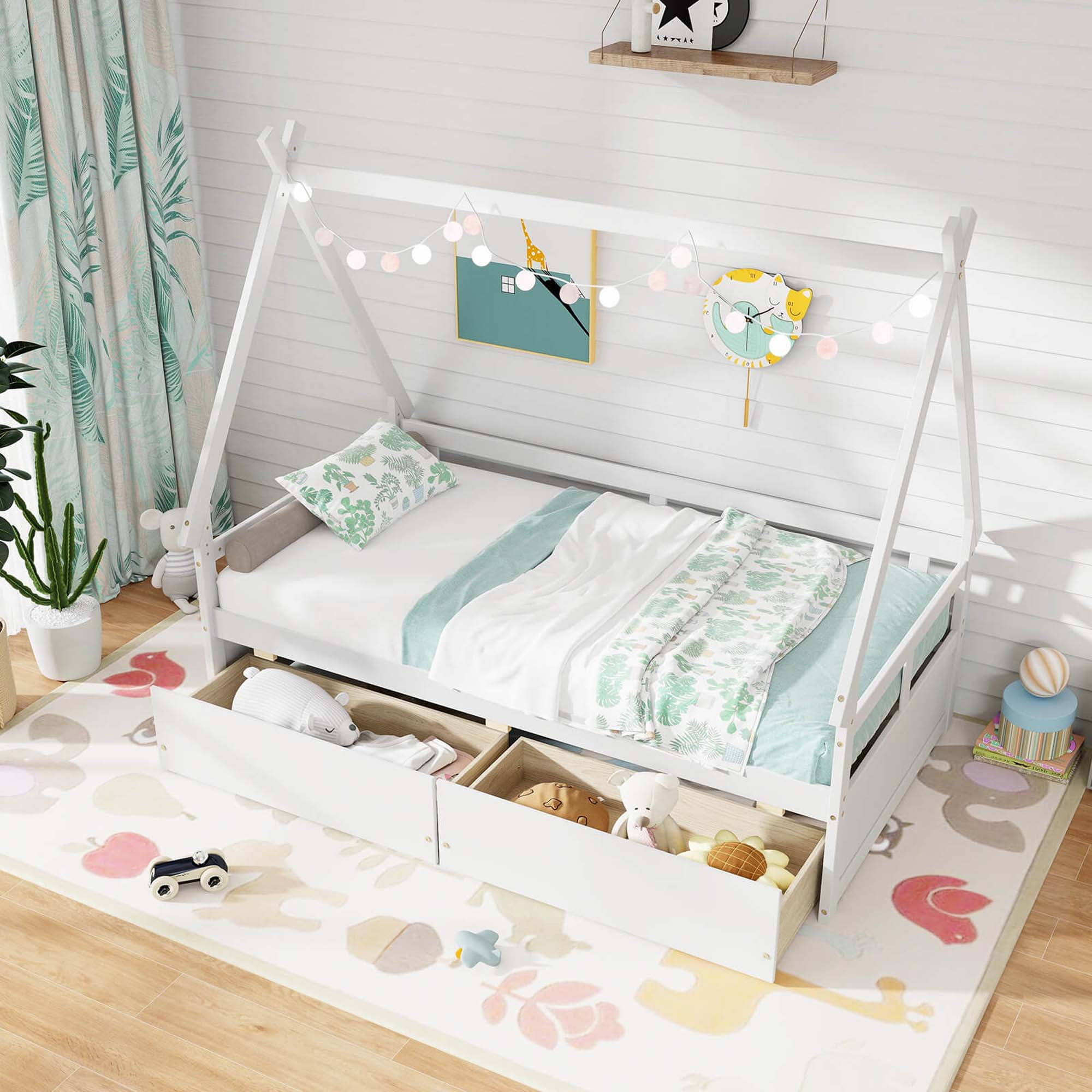 Costway Twin Size House Bed with Roof Safety Guardrail 2 Storage Drawers Wood Slat Support White