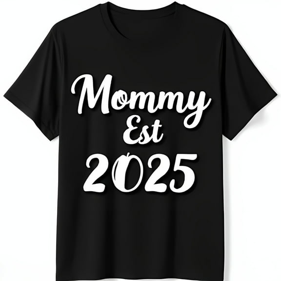 Black T-Shirt with Mommy Est 2025 Graphic & Rattle Design