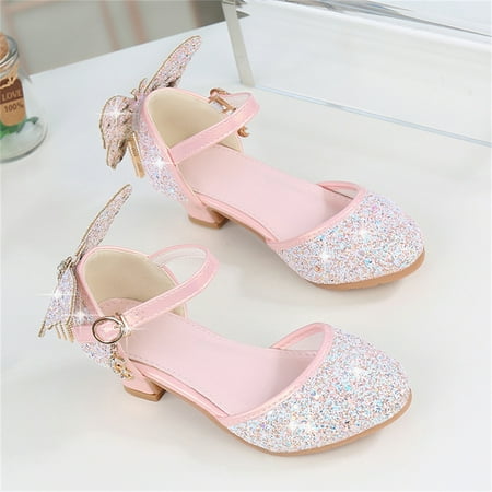 

Kids Sequins Sandals Shoes Big Girls Low Heel Back Butterfly Dress Sandals Girls Dress Shoes Size 4-12T Pink Big Girls 12.5 Years