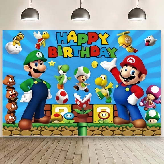 Mario Happy Birthday Anime Cartoon Theme Backdrops Banner Birthday Party Decor Supplies(5x3ft)