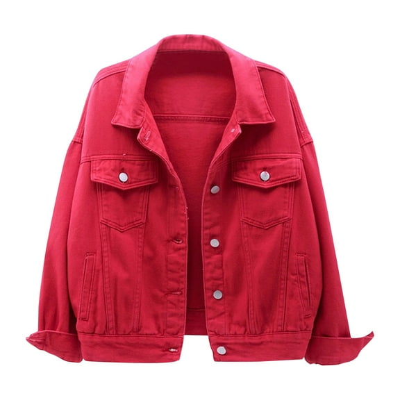 TOWED22 Jean Jacket for Women Womens Plus Size Button Closed Cropped Stretch Ladies Denim Jacket Oversize Coat(Red,3XL)