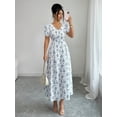 thumbnail image 3 of Blue And White V-Neck Puff Sleeve Waist-Slimming Ditsy Floral Maxi Dress For Women Spring Summer, 3 of 7