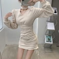 thumbnail image 1 of Dames Licol Cou Serré Robe Bulle à Manches Longues Casual Crayon Mini Robe avec Cordon de Serrage, 1 of 7