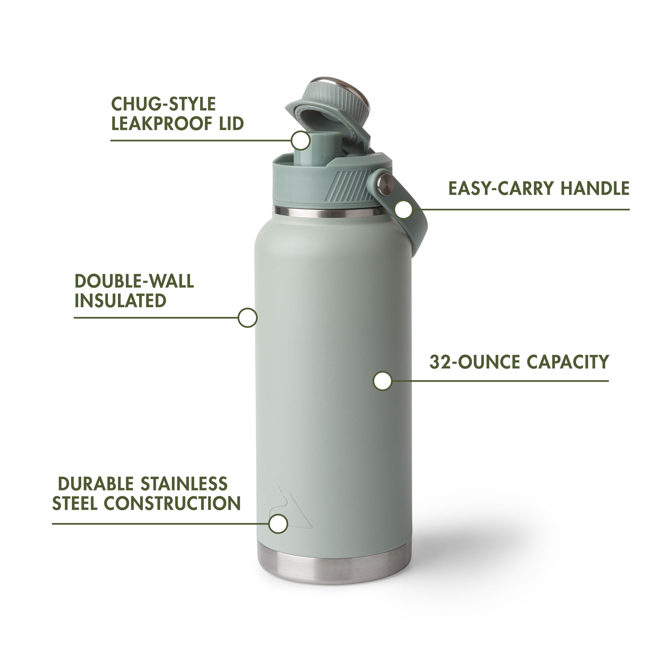 Ozark Trail 32 oz Stainless Steel Insulated Chug Water Bottle, Sage Green