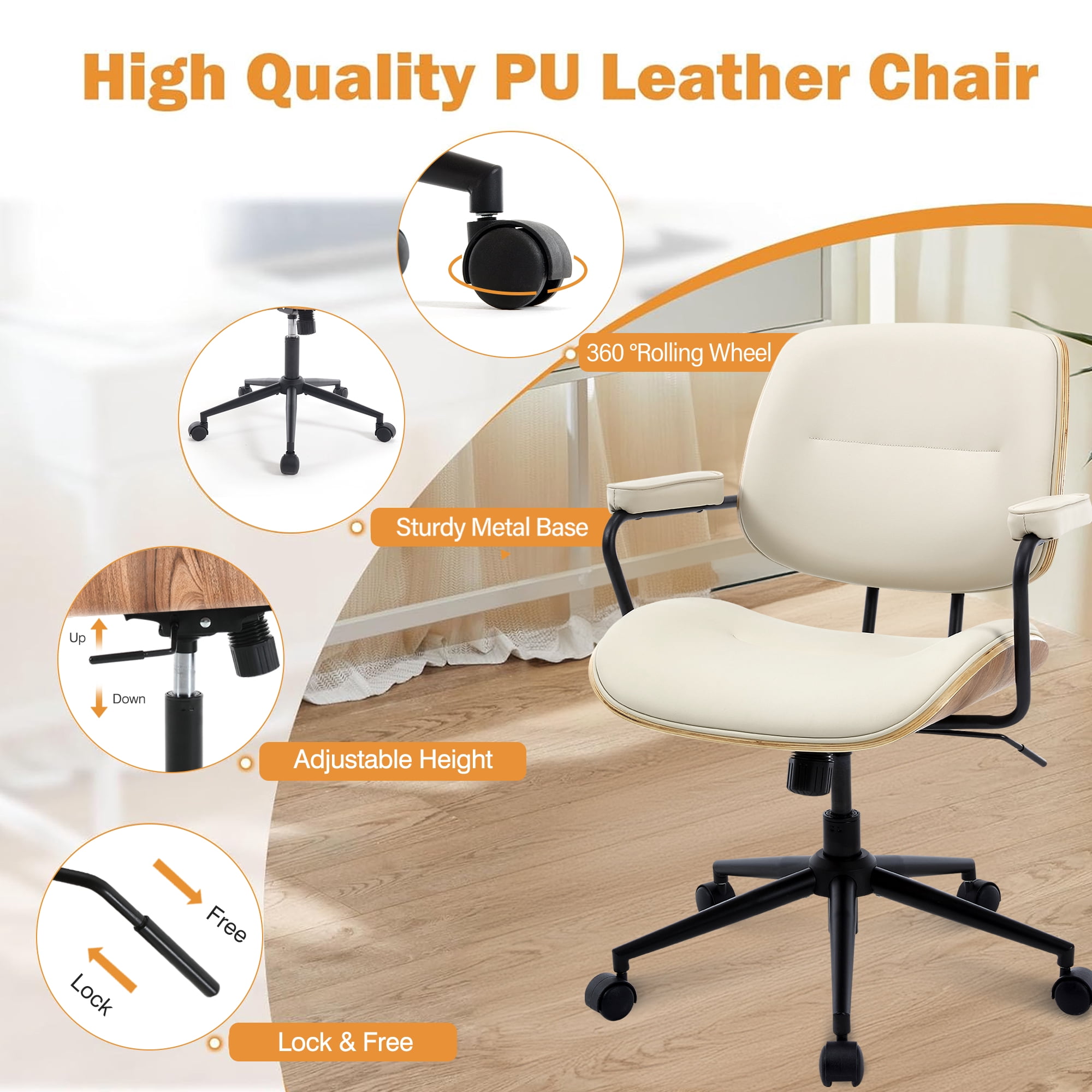 Home Office Chair with Wheel, Mid Century Modern Desk Chairs, Adjustable Height Arm Chair with Walnut Back, PU Leather Task Chair Vanity Chair for Home Office, Reading Room, Beige