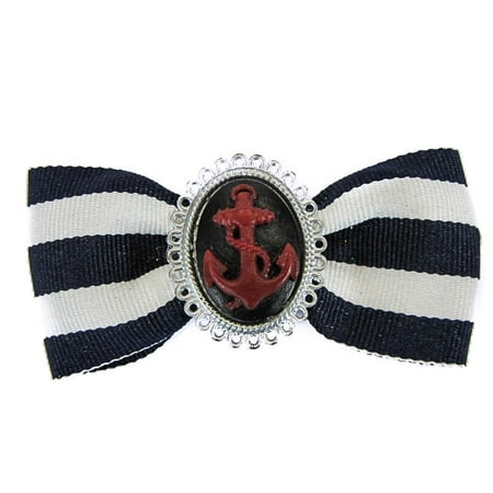 Hairy Scary Navy & White Striped Bow w Red Anchor Cameo Jezebow Hair Clip