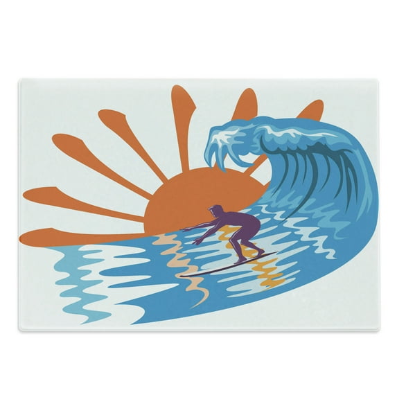 Summer Cutting Board, Beach Theme Hot Vibes Surfing Sport Sea Ocean Waves Sun Image Poster, Decorative Tempered Glass Cutting and Serving Board, Large Size, Sky Blue Orange, by Ambesonne