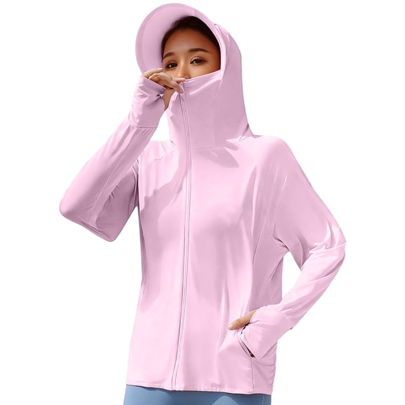 Domuza Upf 50  Sun Hoodie Shirts Women with Mask and Brim Long Sleeve Solid T Shirts New Stylish Uv Protection Ice Silk Sunscreen Tops Pink One Size