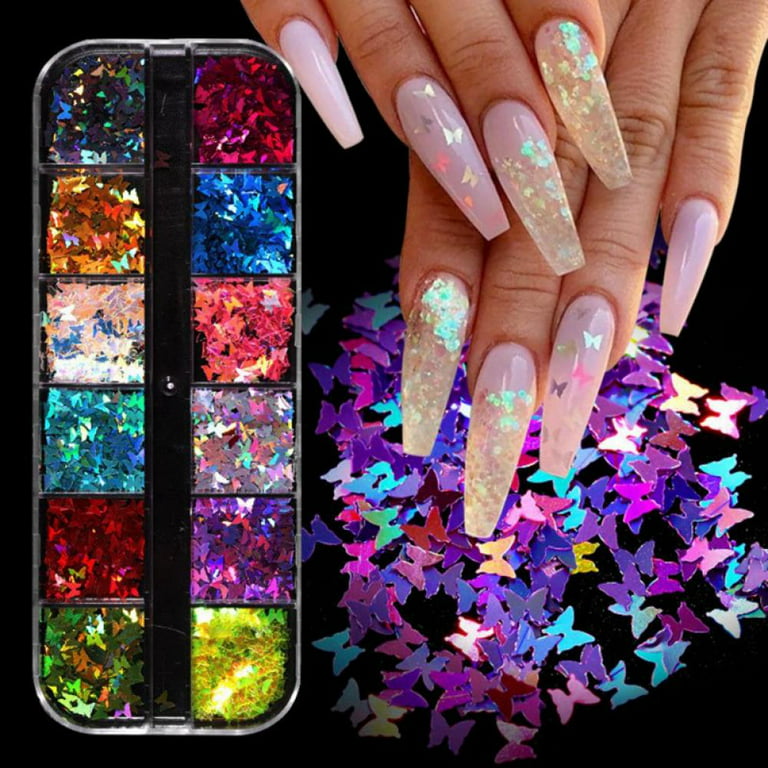12 Colors Butterfly Glitter Nail Sequins Holographic 3D Nail Art Flakes Colorful Confetti Glitter Sticker,Nail Art Design Makeup DIY Decoration Kit