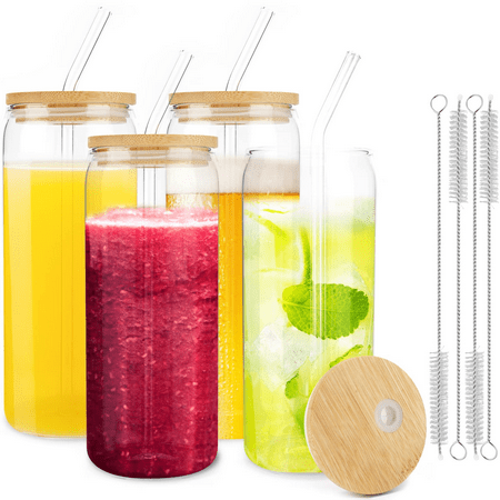 

20oz Beer Can Glass with Bamboo Lids & Straws Reusable Can Shaped Drinking Glasses with Lids and Straws & Brush Wide Mouth Mason Jar Glass Cups Iced Coffee Cup Ideal for Soda Smoothie-4 Pack