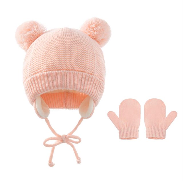 Gorro Con Orejas De Punto Cálido Para Bebés Y Niños, Conjunto De Guantes Cálidos, Gorro De Cúpula Encantador De Color Sólido + Guantes, Novedad De 2021 Advancent AP006663-02