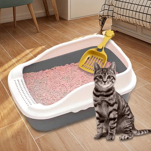 Caja de arena para gatos con tapa abierta, orinal, jaula para inodoro, bandeja para arena, baño profundo, bandeja de arena para mascotas con pala para Gris S 27x18x15CM