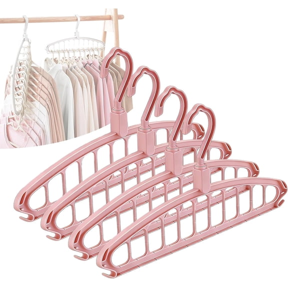 Multifunctional Foldable Clothes Hanger with 11 Holes, Space Saving Multi Hanger for Shirts Pants, Rotating 360° Hook Closet Organizer, 4 Pack Pink
