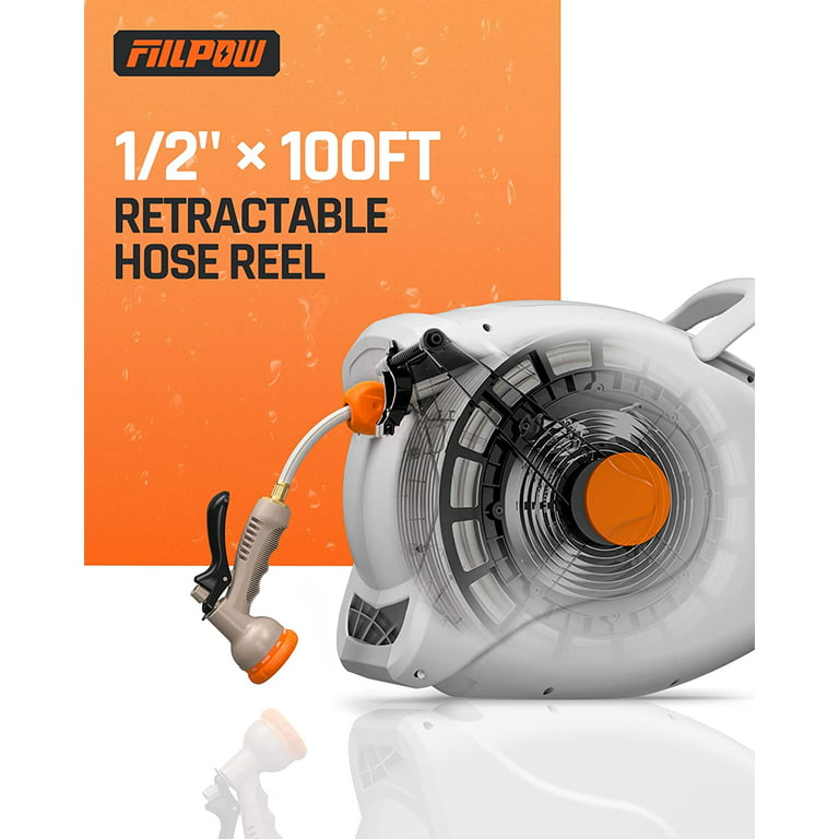 FIILPOW 100 FT 1/2 Retractable Garden Hose Reel, Any Length Lock,  Heavy-Duty Wall Mounted Hose Reel with Automatic Rewind, Brass Connector,  Adjustable Patterns, 180° Garden Watering & Car Washing, Hose Reels 