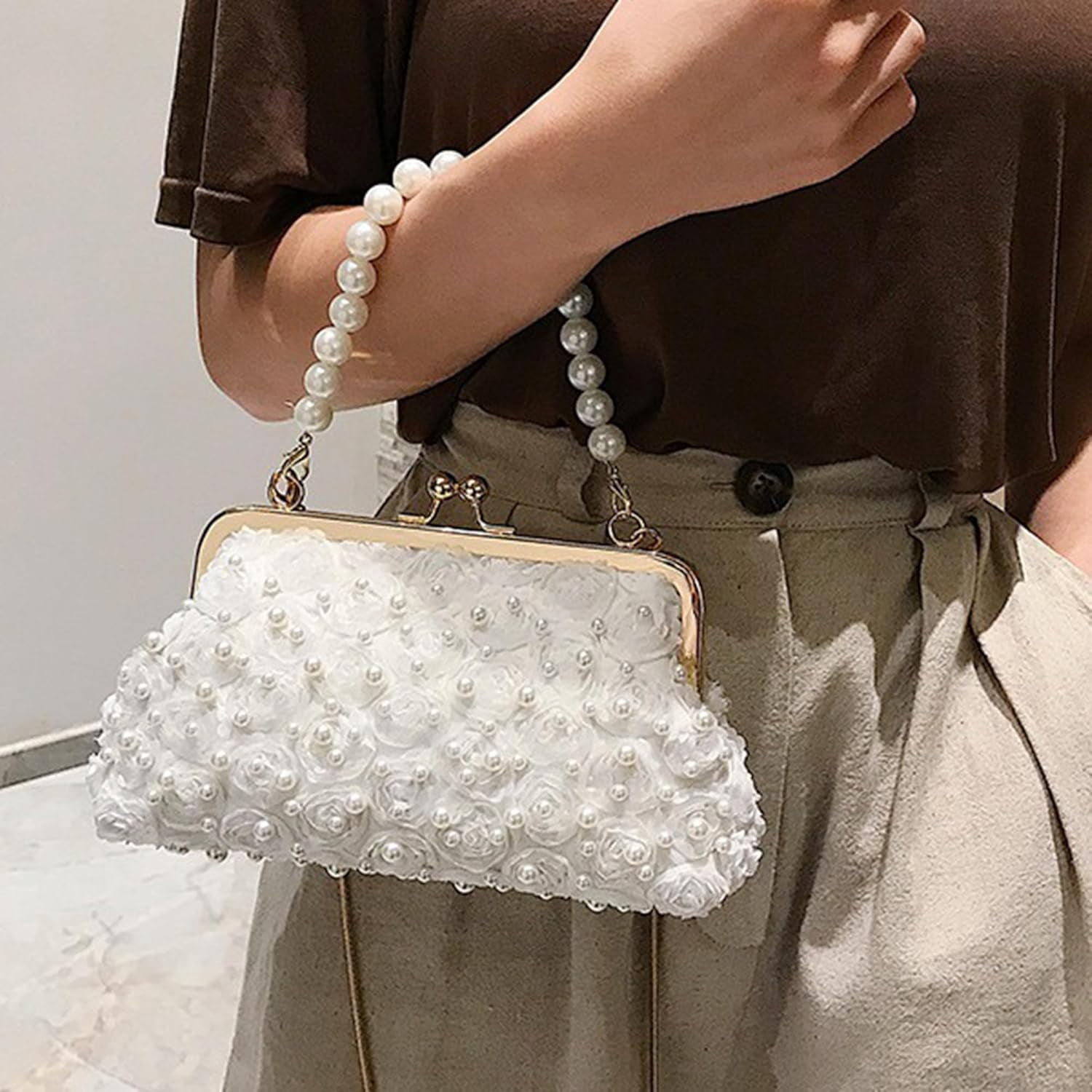 YooGuoGuo Pearl Clutch Purses for Women Evening Handbag Wedding Bridal Crossbody Bag for Party