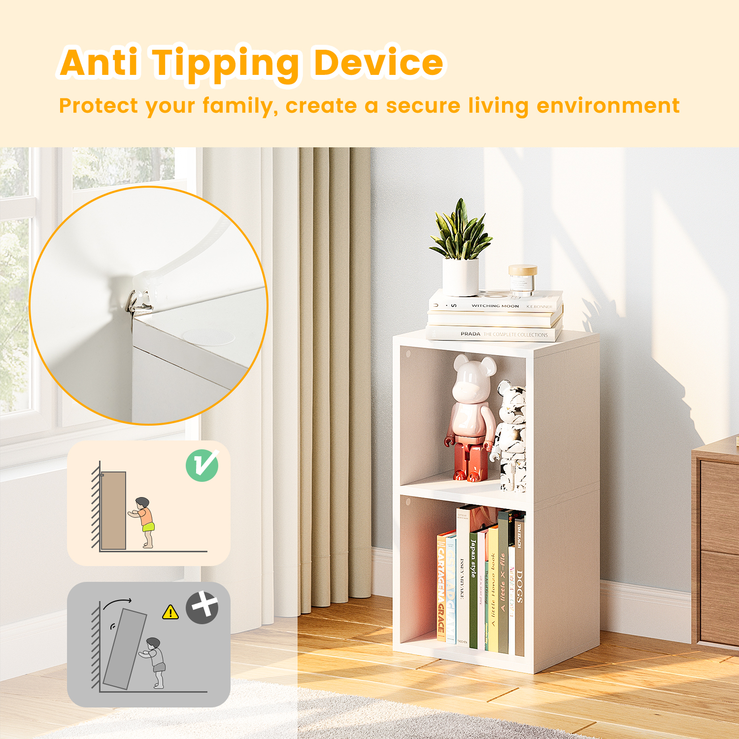 Bapipro Tall Narrow Bookshelf, 2-Tier Cube Display Rack, Modern Corner Bookshelf with Storage Space, Storage Cabinet for Home Office (White 1 Pack)