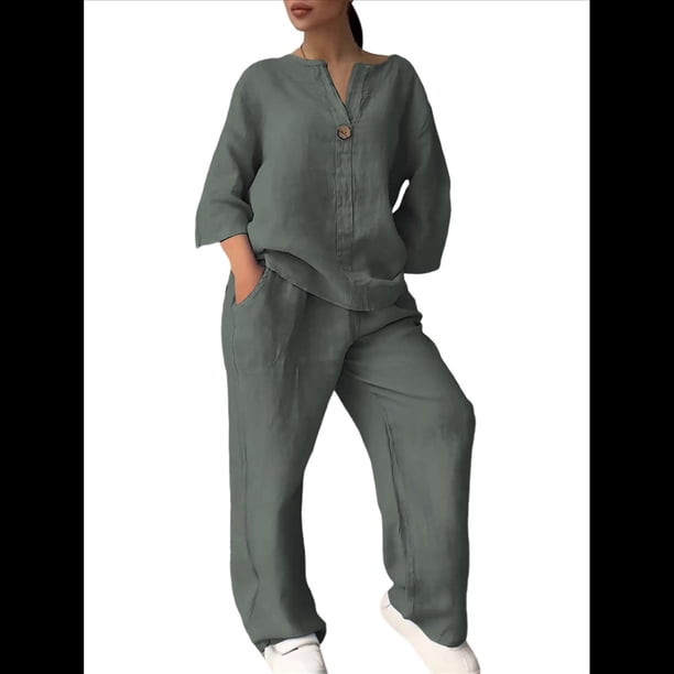 Conjunto de 2 Piezas de y Algodón para Mujer, con Cuello en V, Camisa de Larga Abotonada y Pantalón con Bolsillos Verde XXL