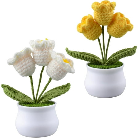 Crochet Flower Potted Plant, 2PCS Cute Orchid Knitting Flowers Artificial Handmade Fake Flowers for Birthday Graduation Home Car Interior Decor