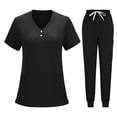 thumbnail image 2 of Jinhomg Scrubs for Women Set Button V-Neck Short Sleeve Caregiver Top & Drawstring Elastic Waist Joggers with Pockets 2 Pieces Scrub Uniforms Black S, 2 of 5