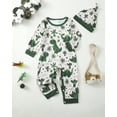 thumbnail image 2 of Kucnuzki Newborn Baby Boys Romper 6-12 Months Winter Clothing Long Sleeves Dinosaur Print Jumpsuit Button Bottom One-piece Overalls with Hat 2pcs Clothes Green, 2 of 7