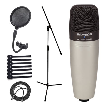 Samson C01 Studio Condenser Mic + Pop Filter and Gooseneck + Mic Stand with Boom + Mic Cable - Ultimate Microphone Accessory Bundle