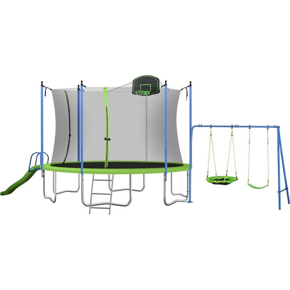 14FT Trampoline with Basketball Hoop, Outdoor Recreational Trampolines with Ladder, Safety Enclousure Net, Swing and Slide, Built-in Zipper Trampoline, Capacity for 5-8 Kids and Adults, Blue