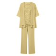 thumbnail image 4 of Women's Summer Solid Color Elegant Long Sleeve Crew Neck Lace Chiffon Floral Top and Wide Leg Pants Two Piece Pantsuit Wedding Guest Plus Size Yellow XXL, 4 of 5