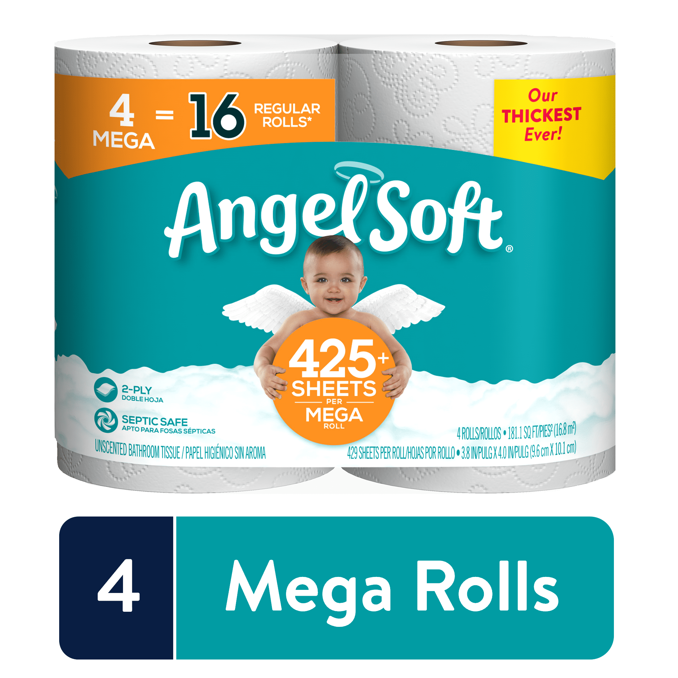 425 4 Mega Rolls Angel Soft Toilet Paper Bath Tissue 2-Ply Sheets Per Roll 
