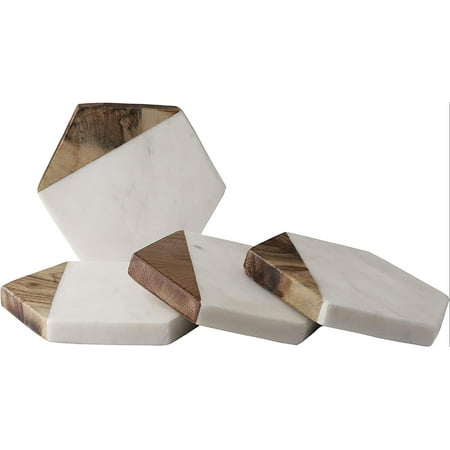 

Marble & Wood Coasters | Handcrafted Geometric White Marble Coasters with Mango Wood for Your Drinks Beverages & Wine/Bar Glasses (Set of 4)