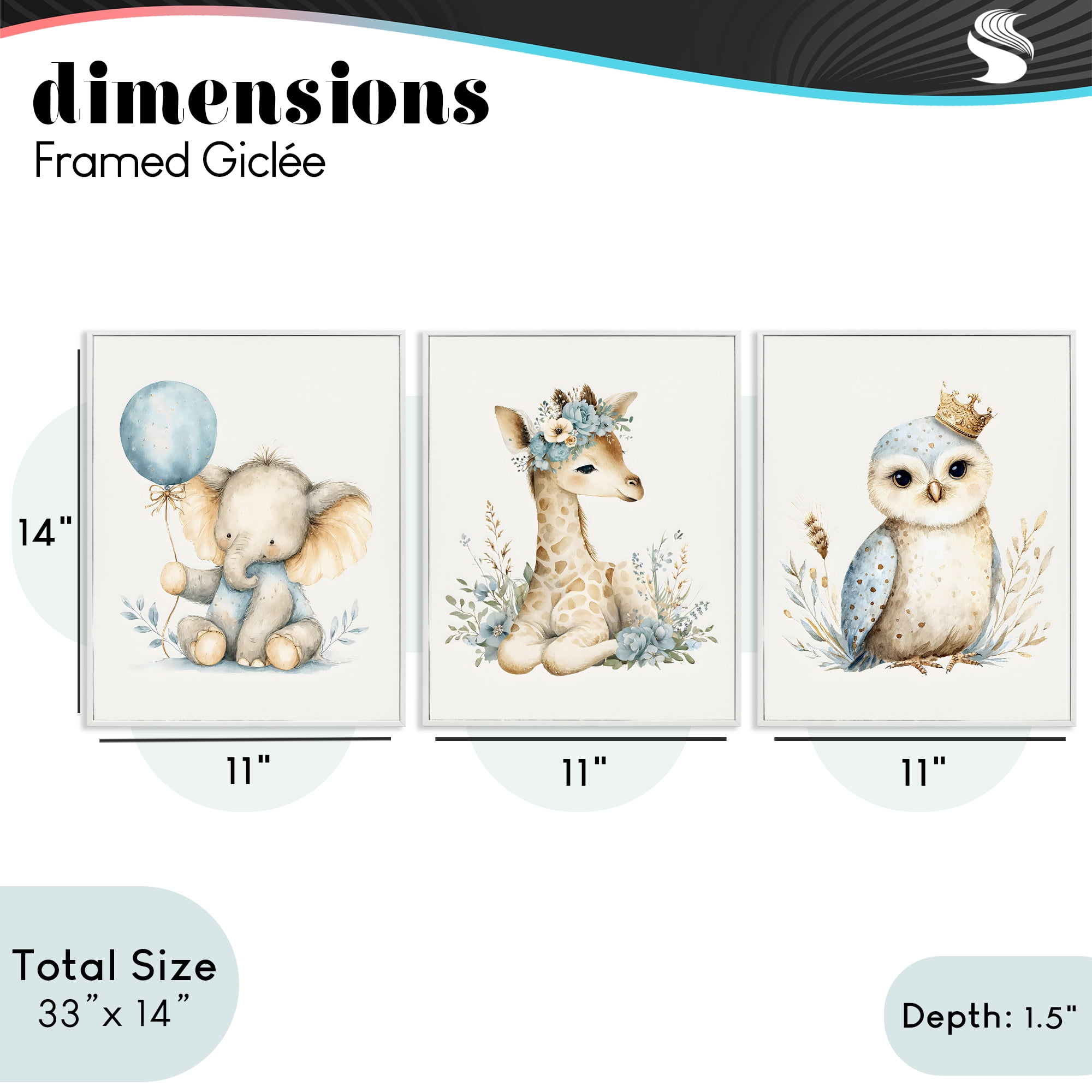 Stupell Industries Watercolor Nursery Animals 3 Piece White Framed Giclee Art Set, design by LSR Design Studio