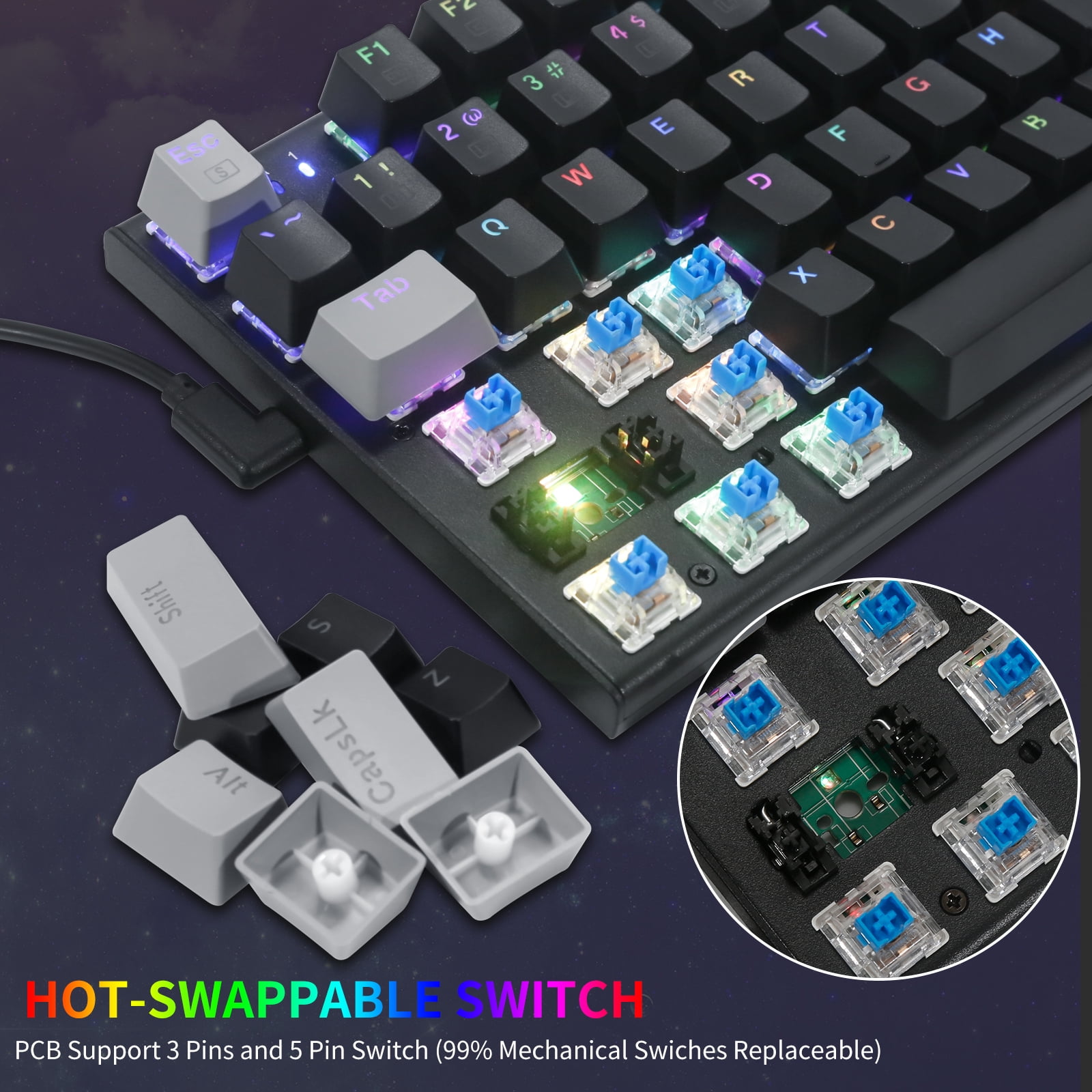 E-YOOSO Z-19 Mechanical Gaming Keyboard with Number Pad, True RGB Backlit, Hot Swappable Blue Switches, Pro Software Supported, Wired Compact 94 Keys for PC/Computer/Laptop, Black Grey