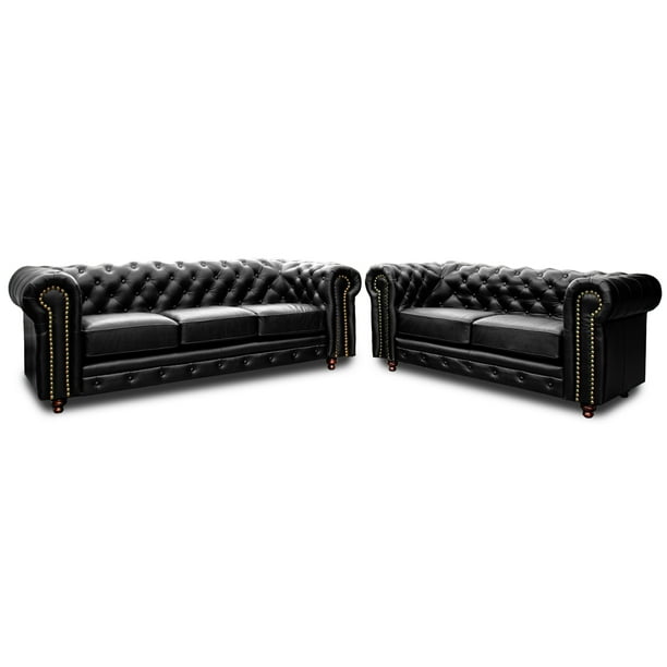 Sala de Piel Genuina Clásico 3-2, Sofá y Love Seat, 5 plazas, Modelo Chesterfield P/V, Color Negro, Elegante, cómodo y Clásico, Hecho en Mexico. Medidas: Sofa 220 x 90 x 80, Love 185 x 90 x 80 cm