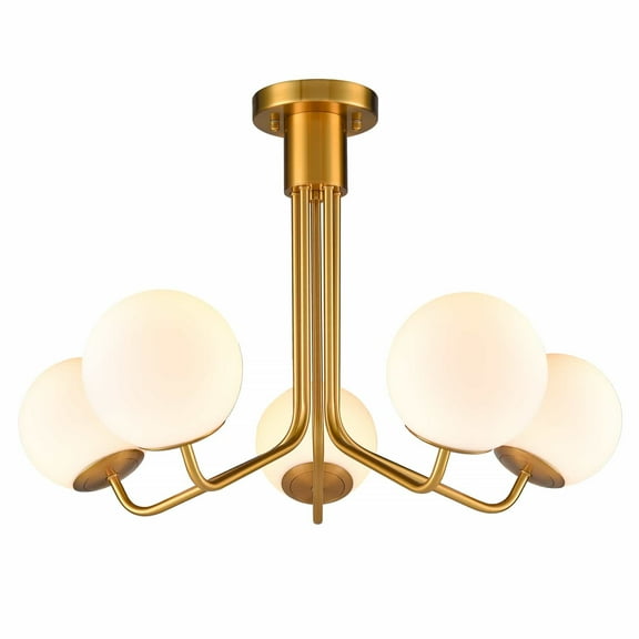Mid Century Modern Gold Semi Flush Mount Ceiling Light 5-Light White Glass Globe