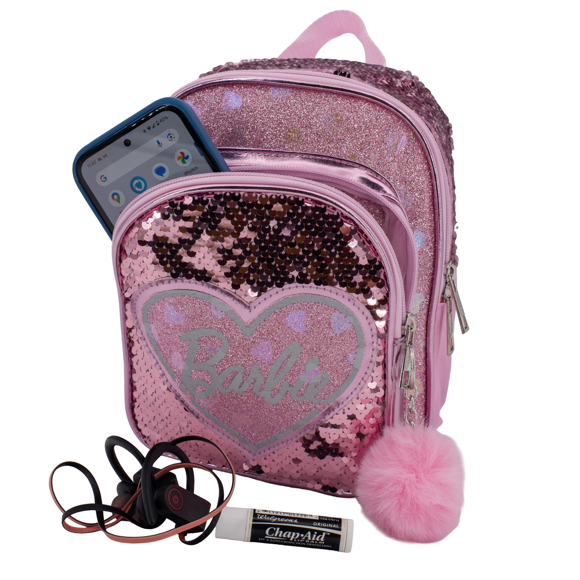 Barbie 9” Micro Mini Backpack Purse Featuring a 3D Heat Logo Patch, Sequins & Glitter PU, & Pompom Dangle, Pink
