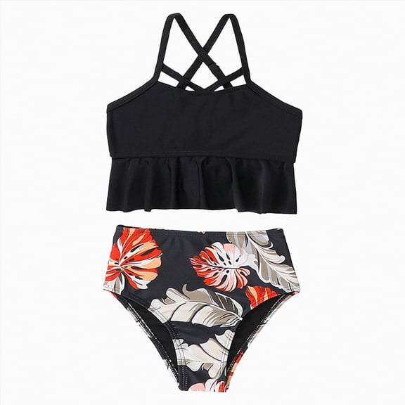 Gubotare Girls Swimsuits Two Piece Girls Swimsuit Color Block Girls Bathing Suit 2 Piece Stripe Swimsuits for Teen Girls BikinisSize 10-12 (Black,10-12 Years)