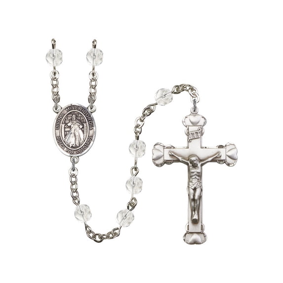 Divina Misericordia Silver-Plated Rosary 6mm April Crystal Fire Polished Beads Crucifix Size 1 5/8 x 1 medal charm
