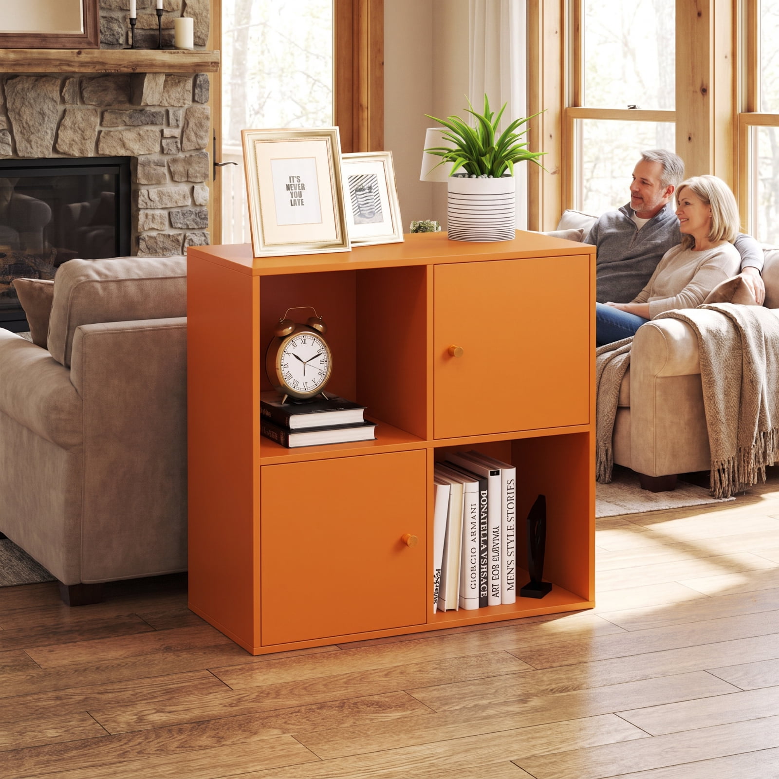 Furnibear 4-Cube 3-Tier Bookcase with 2 Cabinets Dual Anti-Tipping Kits and Metal Knobs for Living Room and Home Office, Natural