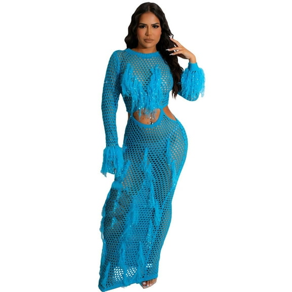 Women's Bohemian Knitted Sequin Long Dress Casual Elegant Hollow Out Fringe Maxi Dress for Party Beach
