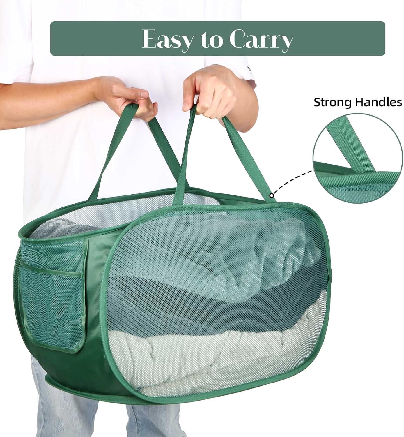 Kiibsot Strong Mesh Pop Up Laundry Basket, Collapsible Laundry Hamper with Side Pocket, Foldable Clothes Hamper with Durable Reinforced Handles for Laundry, Bathroom, Kids Room, Dorm or Travel