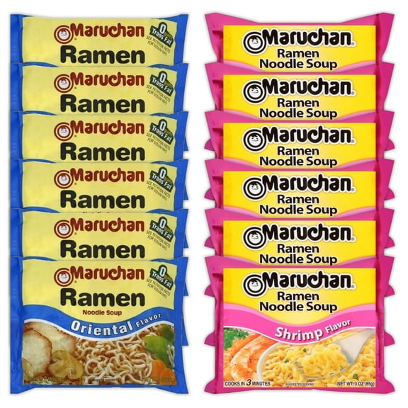 Maruchan Ramen Instant Noodle Soup Variety, 2 Flavors - 6 Packs Soy Sauce & 6 Packs Shrimp , 3 Ounce Single Servings Lunch / Dinner Variety